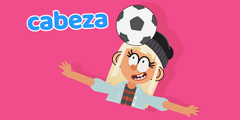 A young heading a football underneath the word 'cabeza'