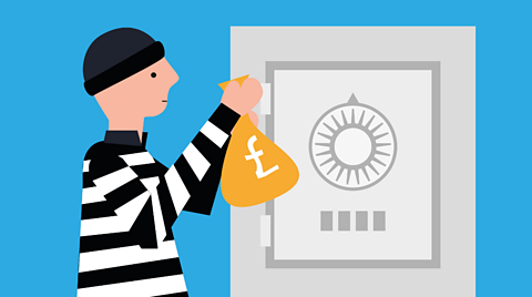 Robber in stripes with yellow bag of money