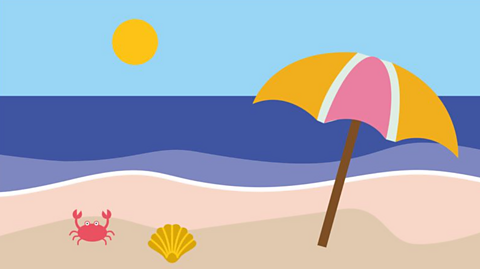 A blue sky and sea, with a pink and yellow umberella