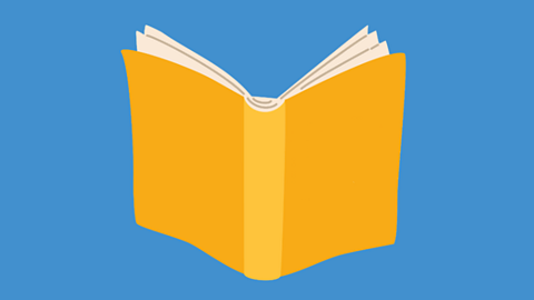 A blue background with a yellow open book