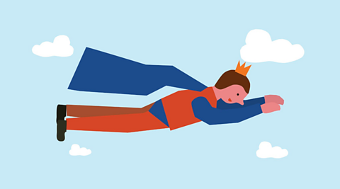 A light blue sky with a superhero in a red and blue costume flying across the sky