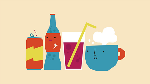 A yellow background with different drinks across the centre