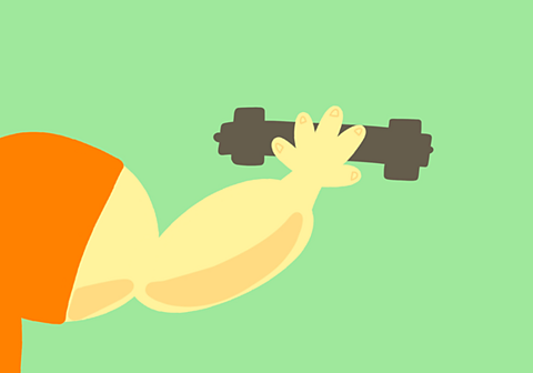 A muscly arm in a orange top holding a grey weight