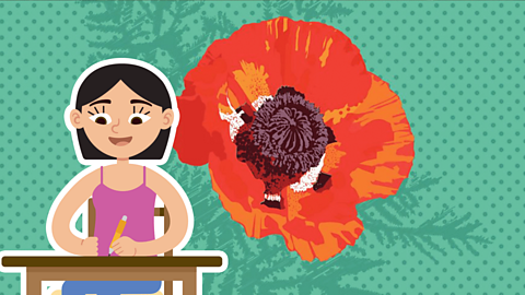 Pop art image of a red poppy with green leaves behind a green background with green dots, with a girl drawing in the foreground.