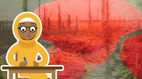 An old image of a World War One battlefield, with a superimposed poppy overlay. A cartoon girl is writing at a desk in the foreground