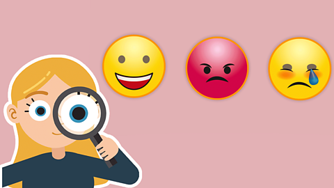 An illustration of a girl smiling with a magnifying glass to her eye and a happy, angry and crying emojis