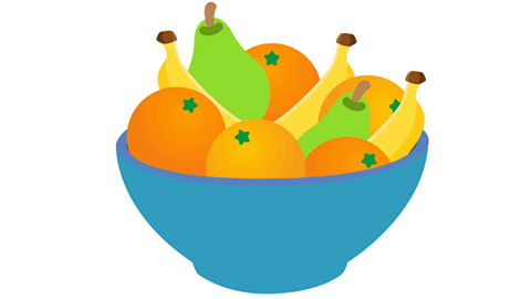 A blue fruit bowl with oranges, pears and bananas