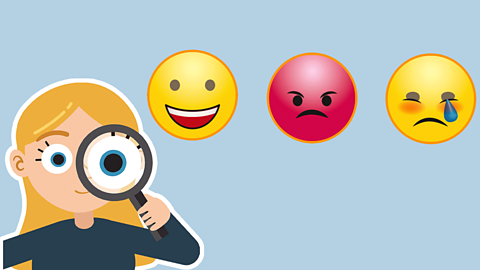 A girl with yellow hair holding a magnifying glass to her eye with emojis in the background