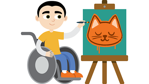 A young boy in a wheelchair painting a cat at an easel