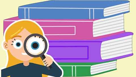 A stack of books on a pale yellow background with a cartoon girl holding a magnifying glass to her eye in the foreground