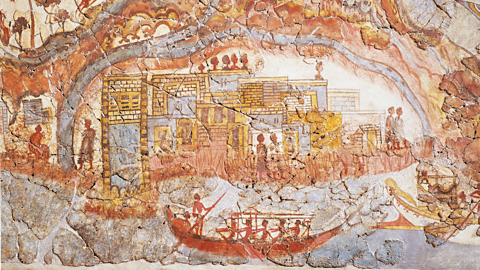 A fresco (painted on walls) from 16th century BC of sailors traveling across the Mediterranean Sea to trade.