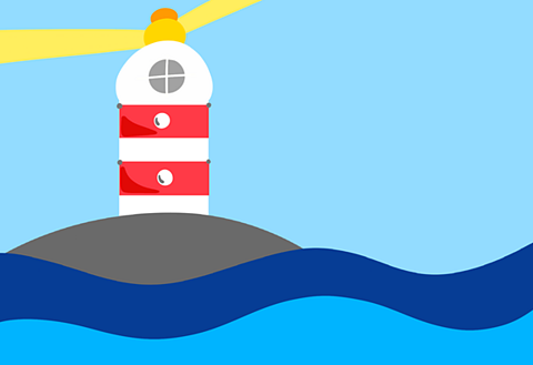 A red and white lighthouse on a grey rock surrounded but deep blue sea