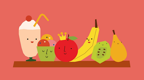 A pink background with a wooden shelf with different fruits sat on top