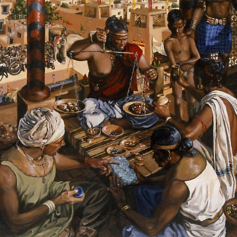 An illustration of life in the Indus Valley. There are people weighing and selling goods at a busy market stall.