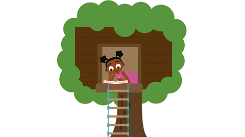 A little girl reading a book in a treehouse