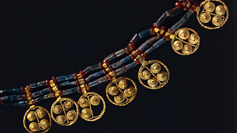 An Ancient Sumerian necklace made from gold and rare stones, from around 3000BC.