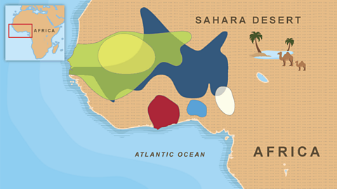 Map of West Africa highlighting different West African kingdoms. 