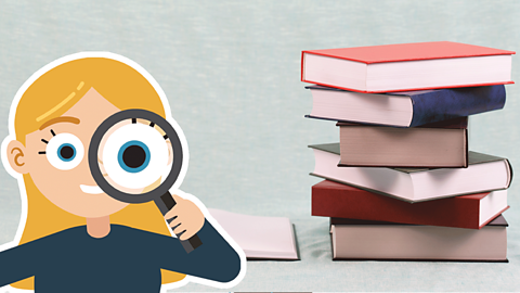 An open book next to a stack of books with a cartoon girl in the foreground holding a magnifying glass to her eye