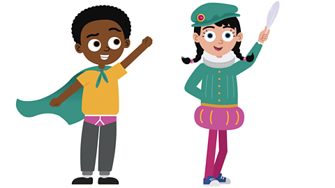 A young boy with a cape on and underpants over his trousers and a girl dressed in Shakespearean costume holding a feather quill