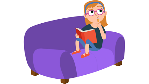 A girl sitting on a purple sofa with a book and pencil thinking