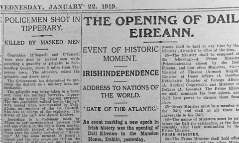 Newspaper front page announcing the opening of the Dáil Éireann, 1919.