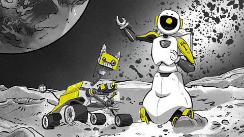 A robot waving, with a robot cat