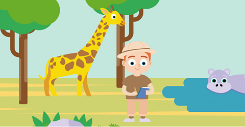 A child taking notes on safari with a giraffe and a hippo in the background.
