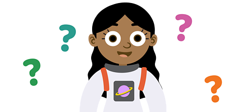 A girl dressed as an astronaut with question marks surrounding her.