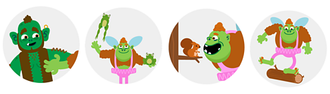 Fairy tickling ogre, juggling with frogs, shouting at squirrel, stomping on log.