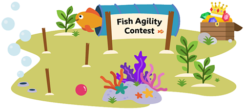 A fish assault course with a tunnel and treasure chest and a sign that reads 'fish agility contest.'