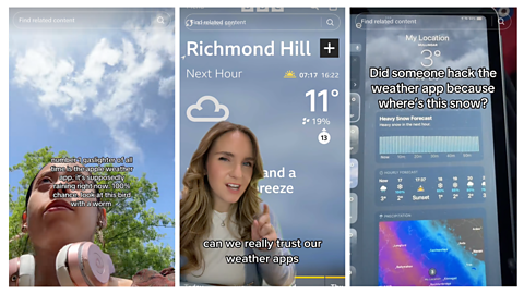 Three TikTok videos showing users questioning the weather app.