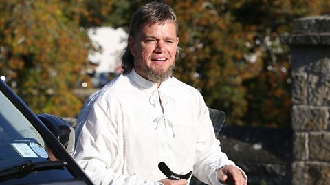 Matt Damon arrives in costume to film 'The Last Duel' in Ireland, September 2020