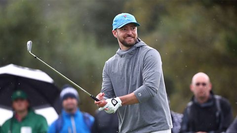 Justin Timberlake tees off during the Alfred Dunhill Links Championship in St Andrews 2019