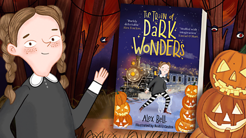 An illustrated girl with brown hair in plaits pointing to a book, with pumpkins at the side