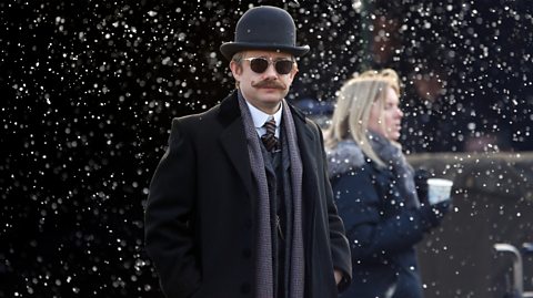 Martin Freeman on set as Dr. John Watson during filming for Sherlock: The Abominable Bride