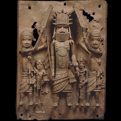 A brass plaque showing an Oba with his attendants.