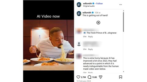 A Will Smith Instagram post from 2024 showing the actor parodying the trend of AI videos showing him eating spaghetti