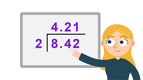 A girl learning bus stop method division for the SEAG transfer test completes the sum 8.42 divided by 2 equals 4.21