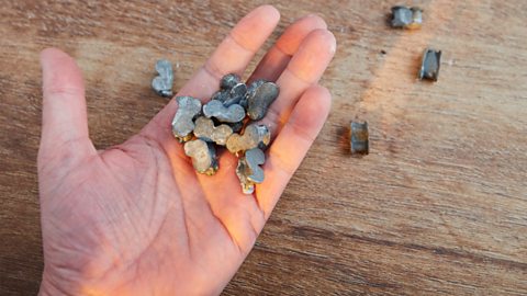 A hand holding a bunch of small, shiny metal pieces shaped like tiny rocks, with more pieces lying on a wooden table.