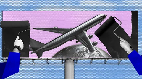 Serenity Strull / BBC An illustration showing a billboard with an airline advert being painted over with black paint (Credit: Serenity Strull / BBC)