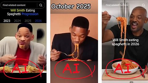 Three screengrabs from TikTok videos about Will Smith spaghetti videos made by AI