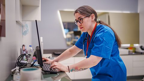 Healthcare worker using a computer.