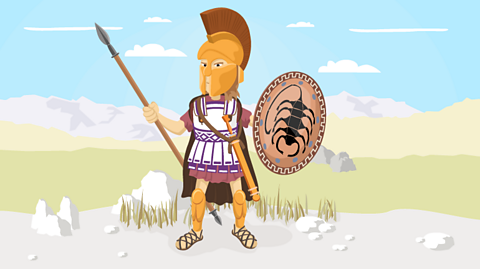 A hoplite soldier holds a spear and a shield. On top of his helmet is a crest.