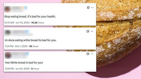 Three posts from X showing people claiming bread is bad for you, on a pink background with a photo of a white loaf 