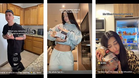 Three TikTok screengrabs showing users apologising to their bread for putting it in the fridge. It follows a trend of AI generated videos telling people where to store bread
