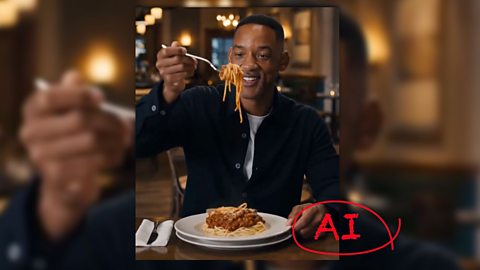 An AI generated image of the actor Will Smith tucking into a plate of spaghetti
