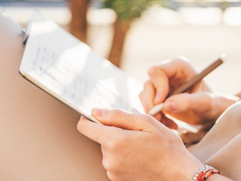 An image of an open diary, with someone writing in it, as an example of texts that express feelings in the SEAG transfer test