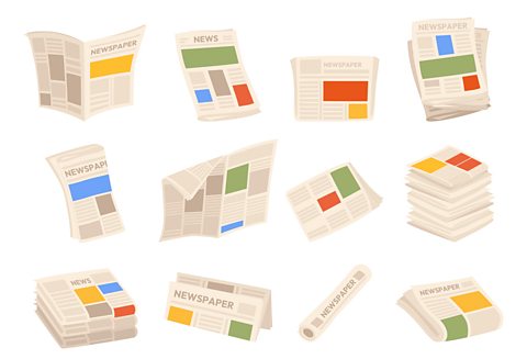 An illustration of numerous newspapers, folded and stacked in piles, as an example of how language is used to inform, for SEAG transfer test revision