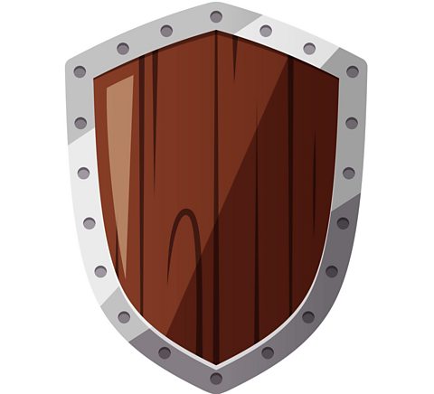 An image of a grey metal and brown wooden shield