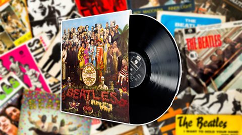 The vinyl cover of Sgt. Pepper's Lonely Hearts Club Band on a background of Beatles albums